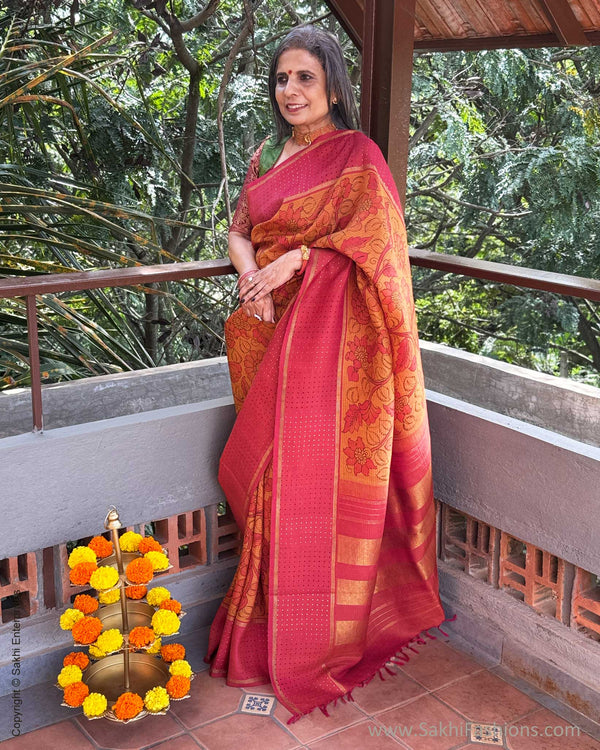 EE-Y09635 Orange Kalamkari Kanchi Silk