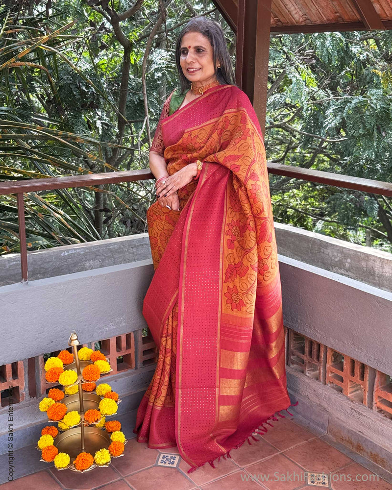 EE-Y09635 Orange Kalamkari Kanchi Silk