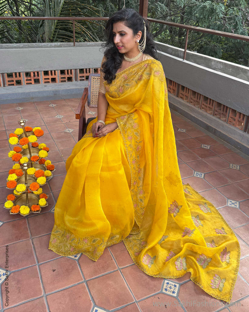 EE-Y09646 Yellow Organza Sari