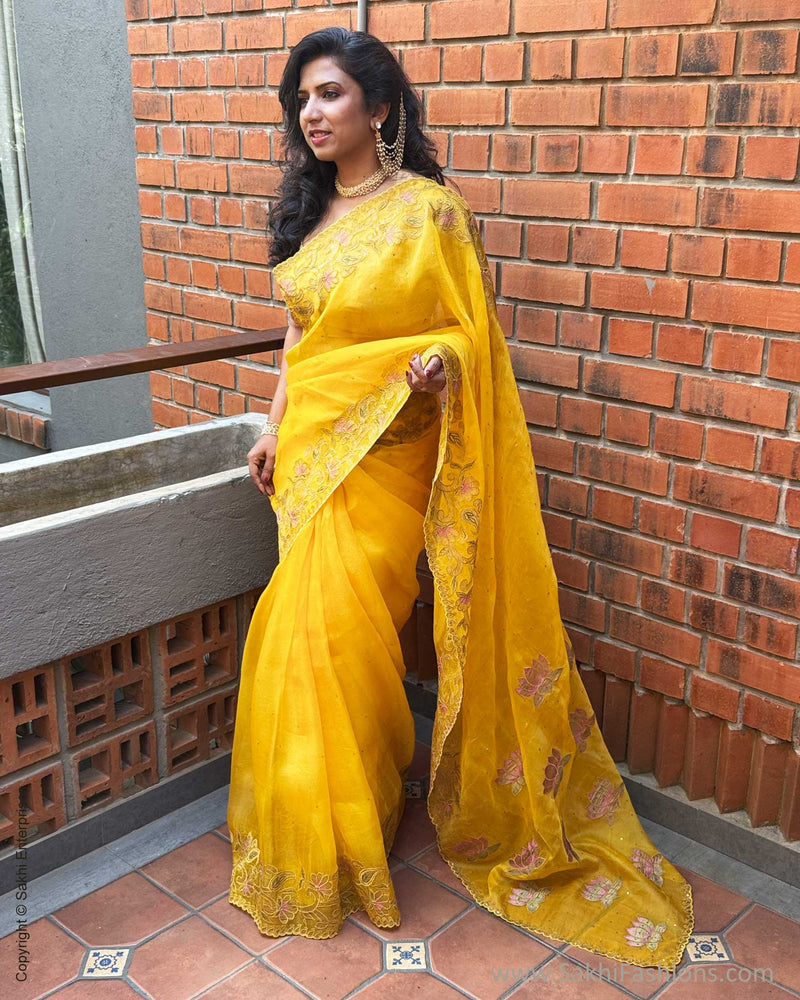 EE-Y09646 Yellow Organza Sari