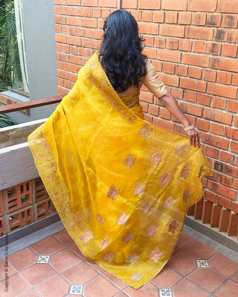 EE-Y09646 Yellow Organza Sari