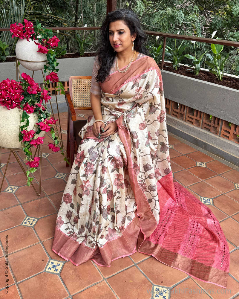 EE-Y09942 Peach Floral Tussar Sari