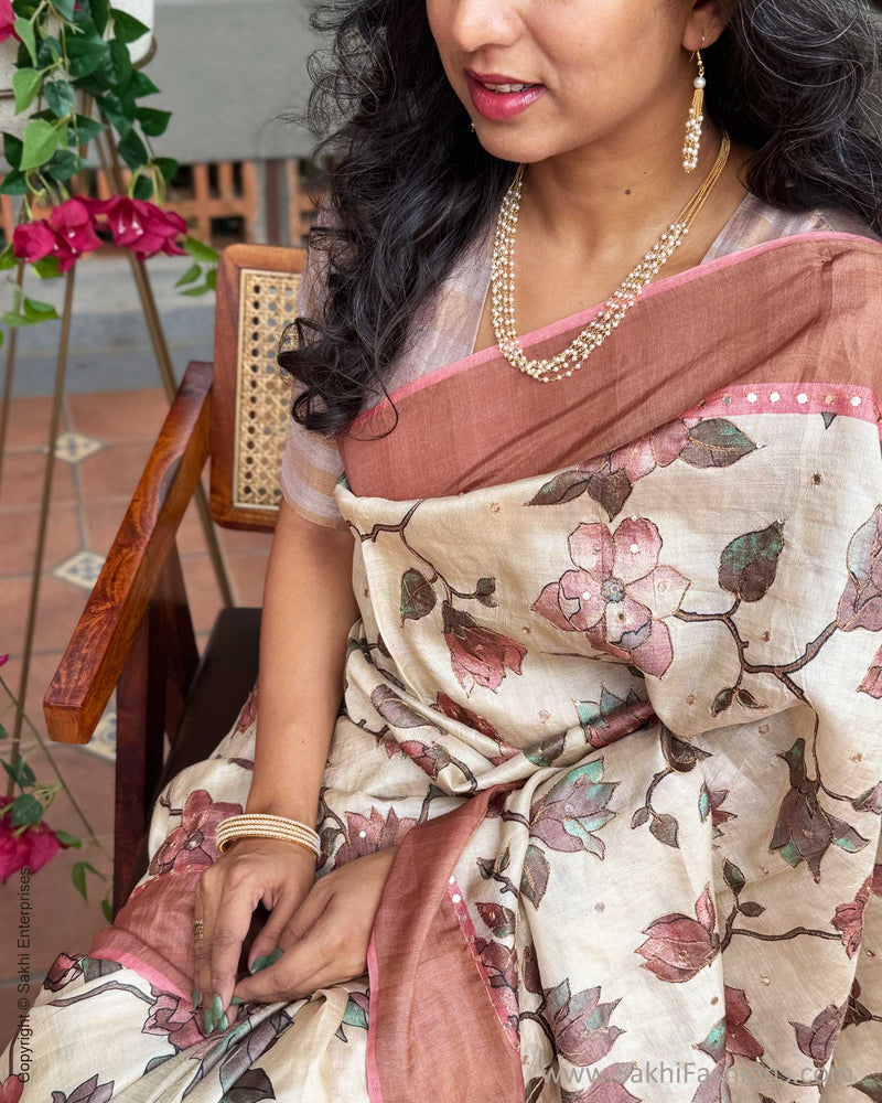 EE-Y09942 Peach Floral Tussar Sari