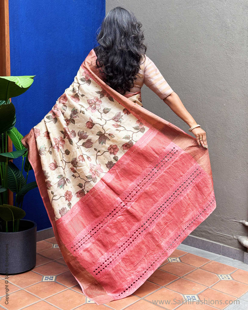 EE-Y09942 Peach Floral Tussar Sari