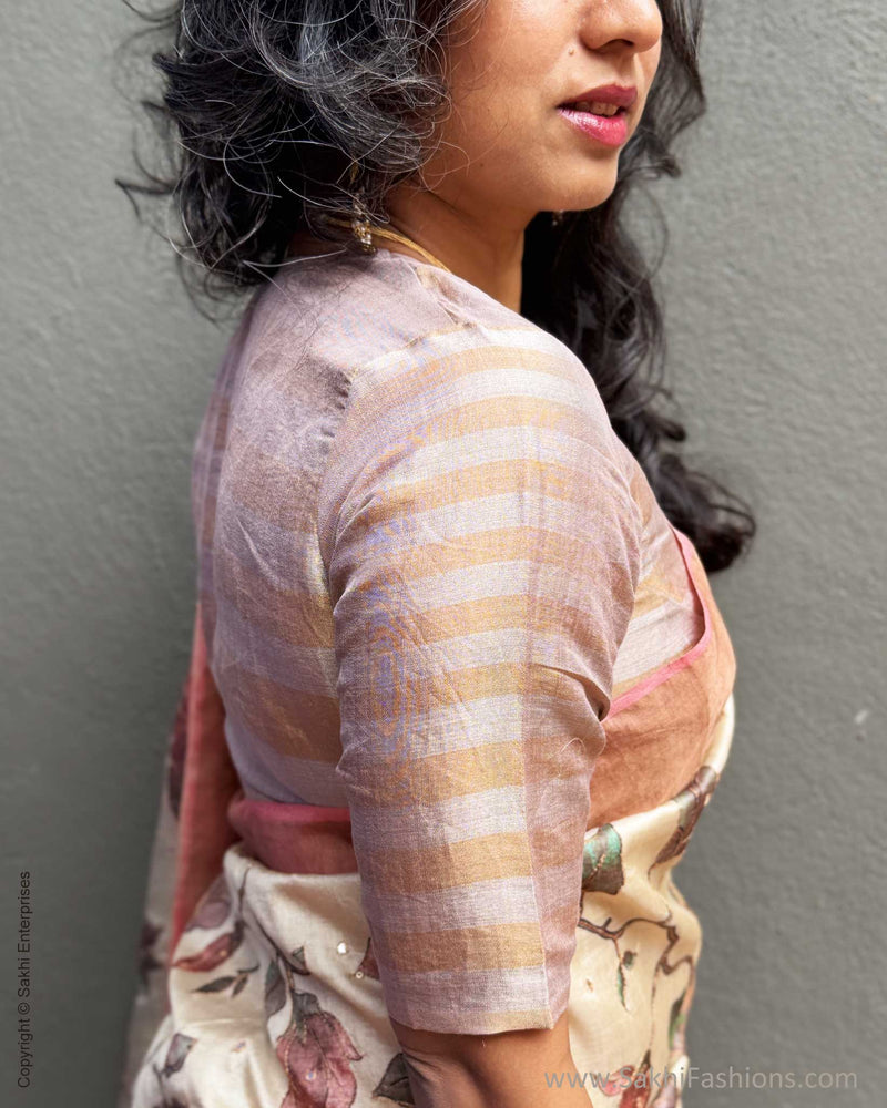 EE-Y09942 Peach Floral Tussar Sari