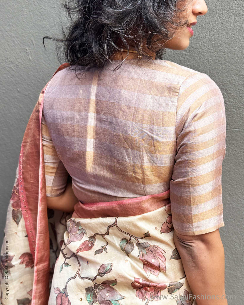 EE-Y09942 Peach Floral Tussar Sari