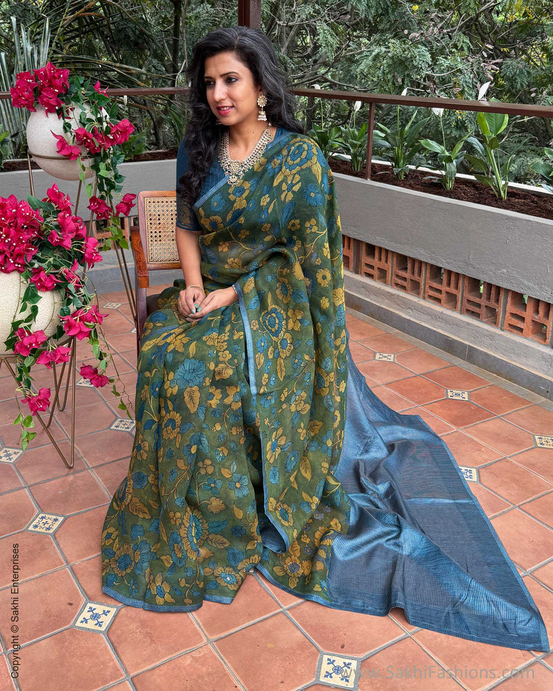 EE-Y08345 Kalamkari Blue Organza sari