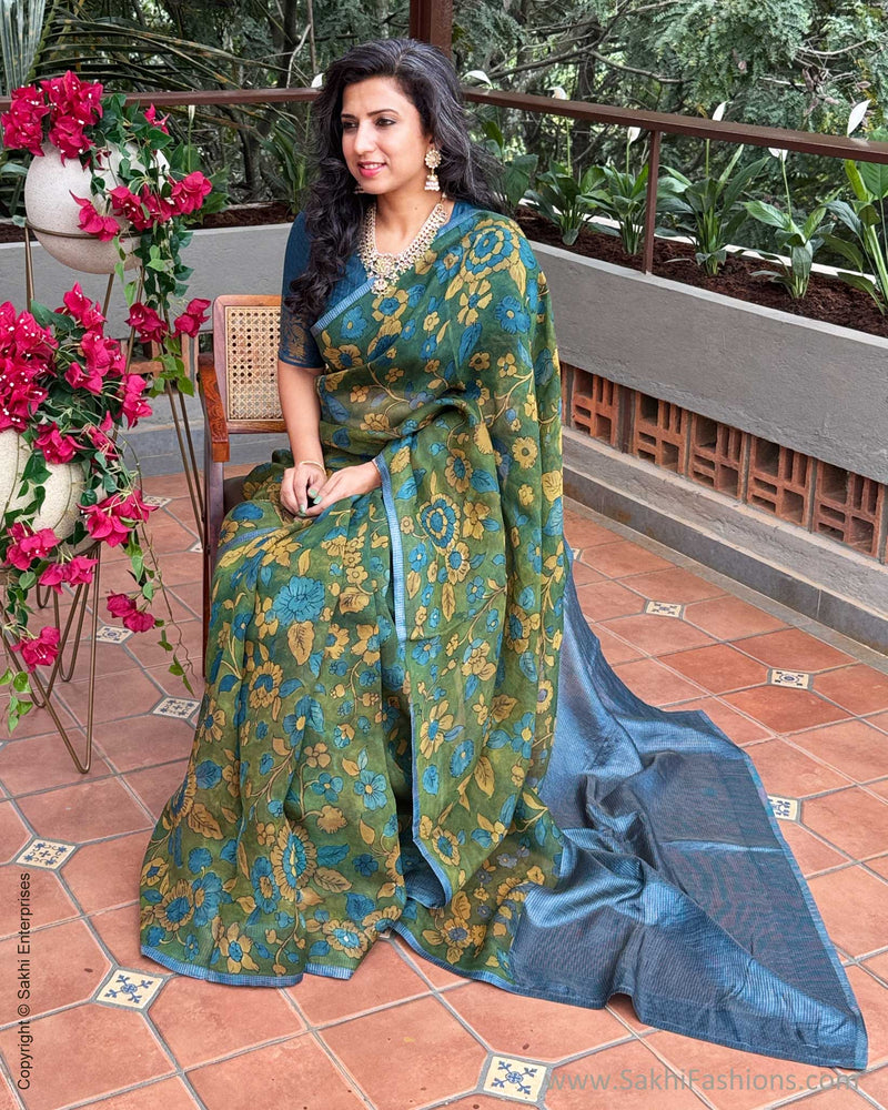 EE-Y08345 Kalamkari Blue Organza sari