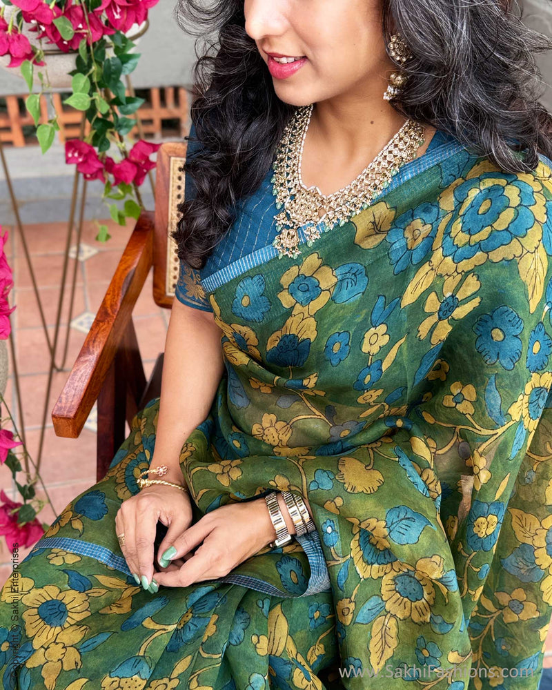EE-Y08345 Kalamkari Blue Organza sari