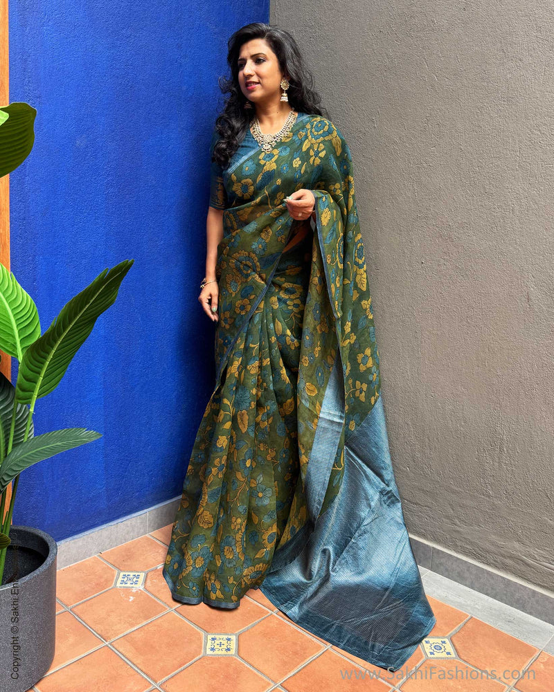 EE-Y08345 Kalamkari Blue Organza sari