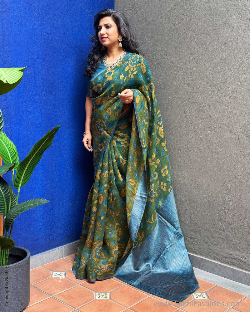 EE-Y08345 Kalamkari Blue Organza sari