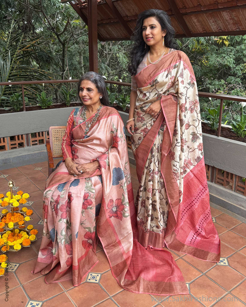 EE-Y09942 Peach Floral Tussar Sari