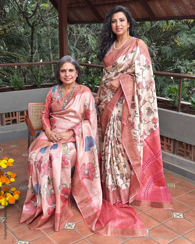 EE-Y09942 Peach Floral Tussar Sari