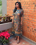EE-Y06853 Kalamkari Blue Tussar Dress
