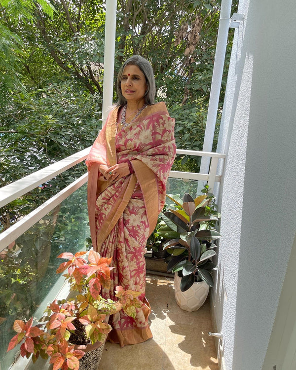 EE-W06780 Floral Pink Tussar Sari
