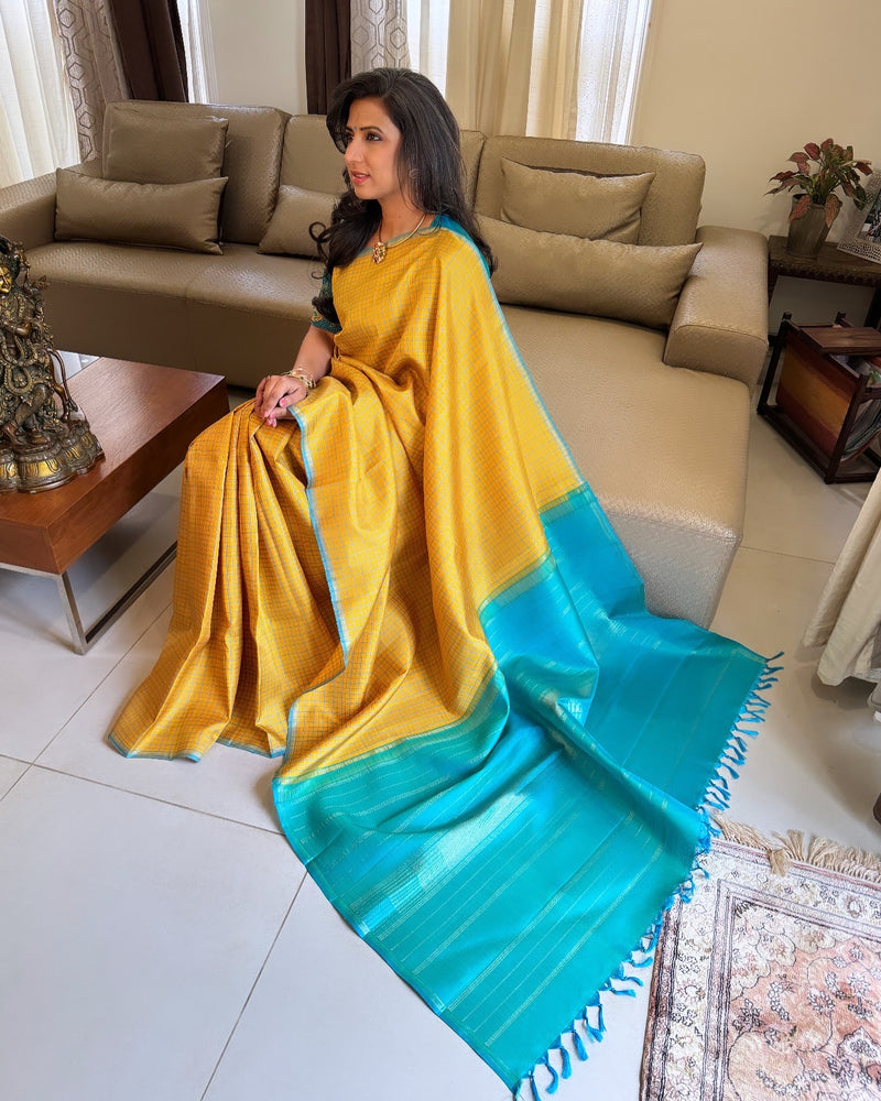 EE-W17603 Yellow Check Kanjeevaram