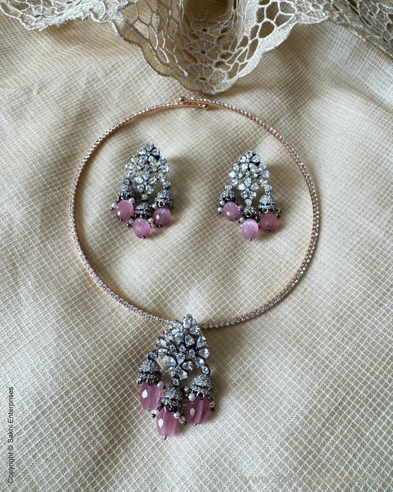 AJ-X31138 Pink Diamante Pendant Set