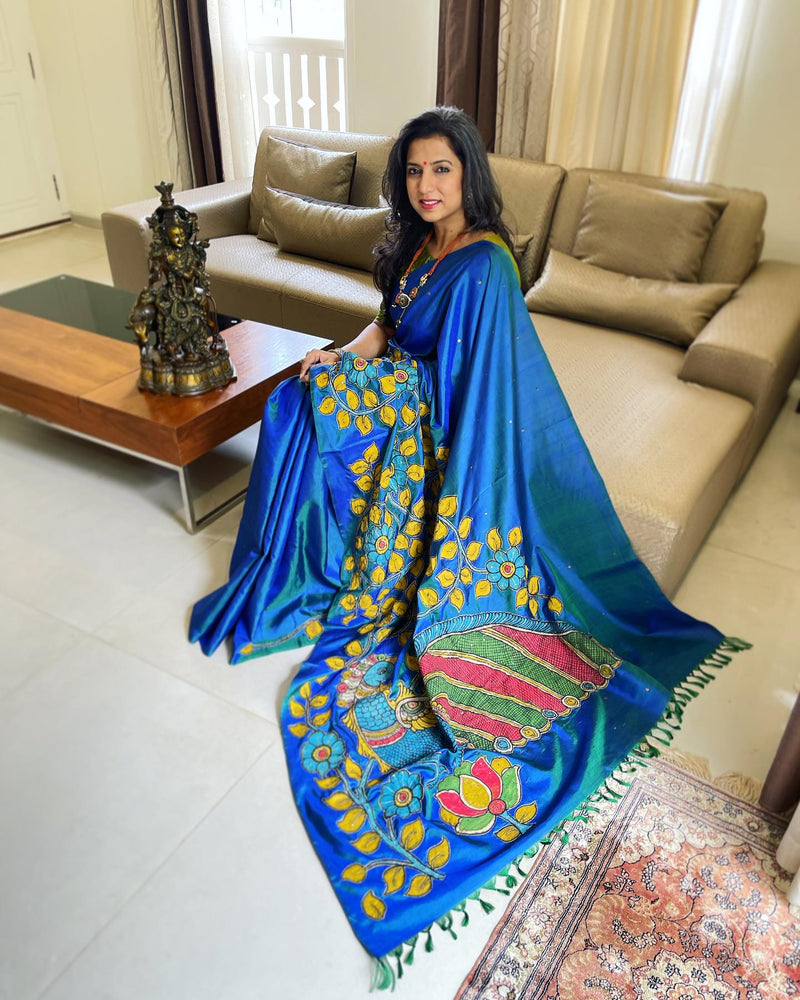 EE-W06361 Blue Kalam Kanchi Sari
