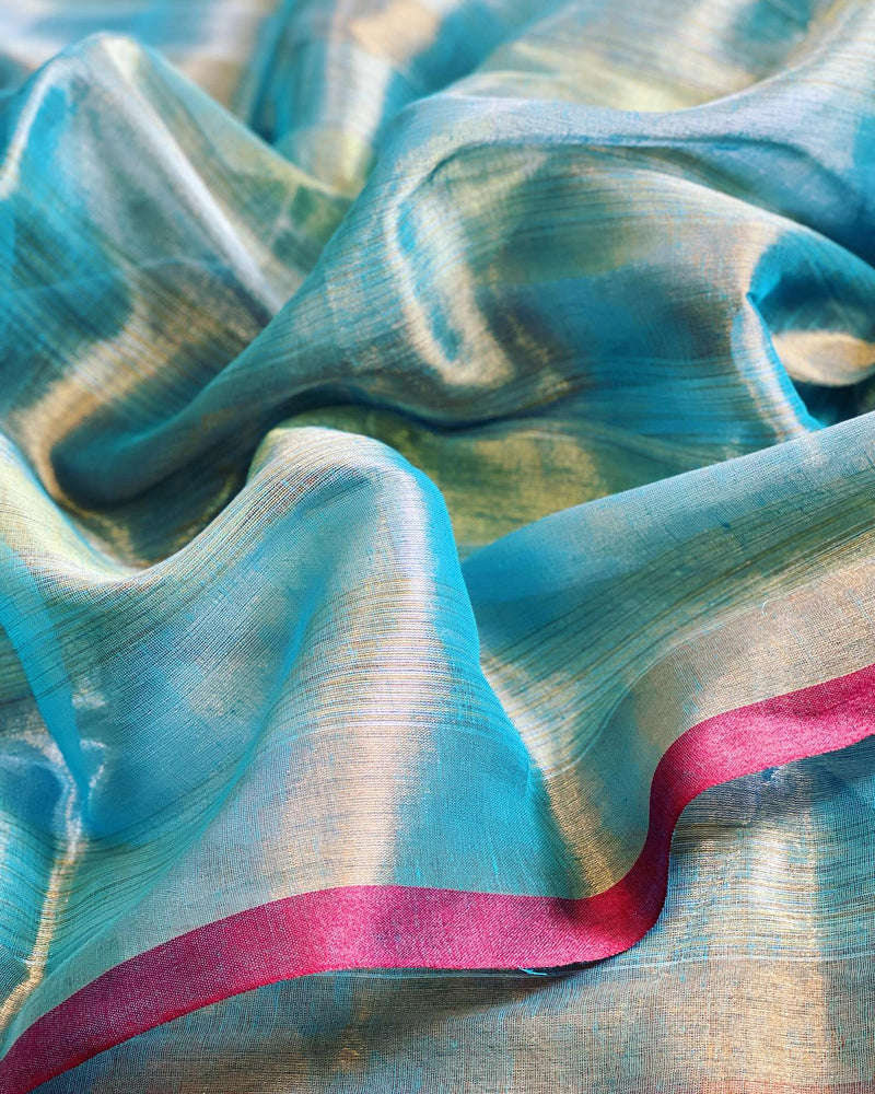 EE-W06693 Blue Tissue Cotton Sari