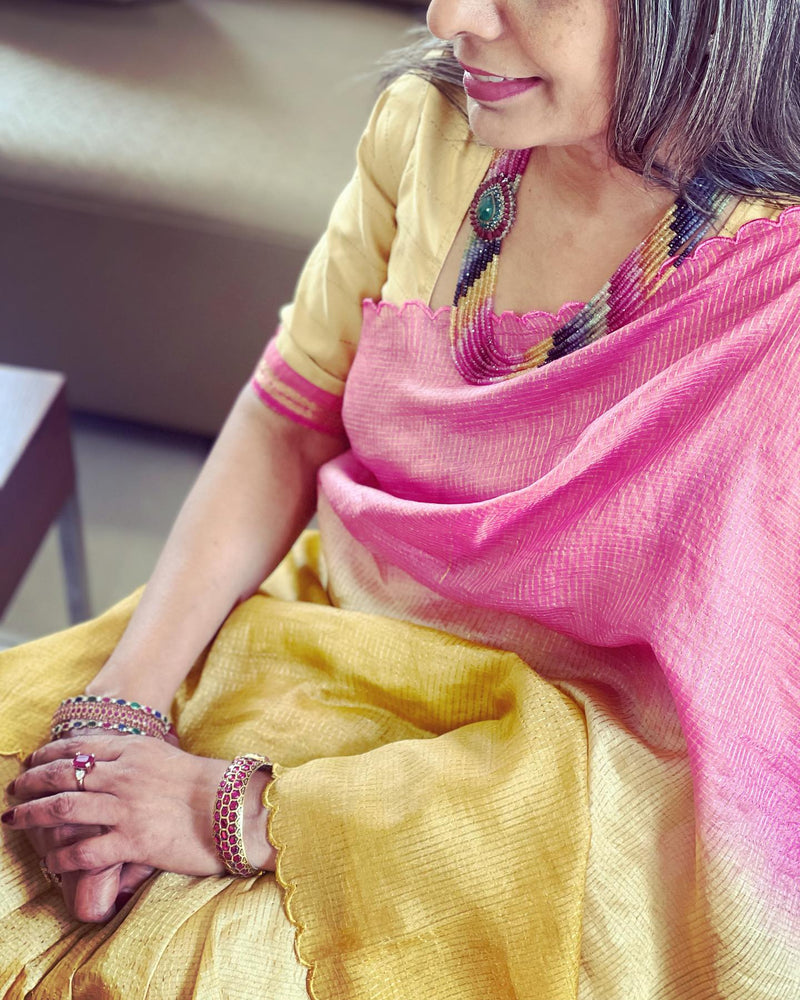 EE-W07818 Tussar Yellow Pink saree