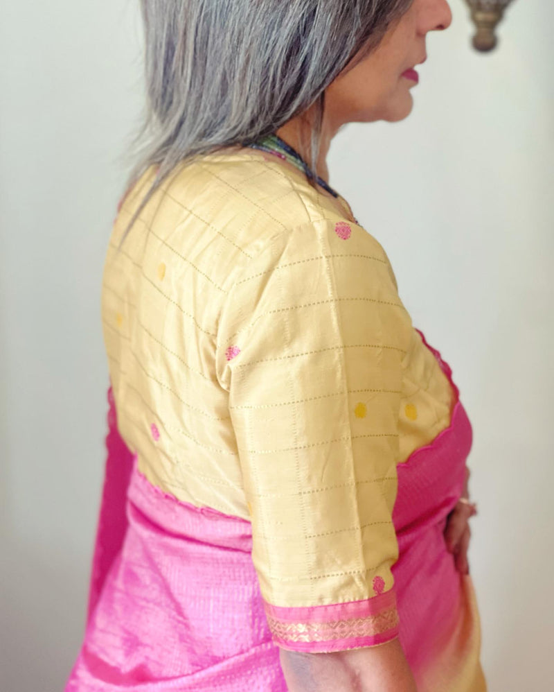 EE-W07818 Tussar Yellow Pink saree