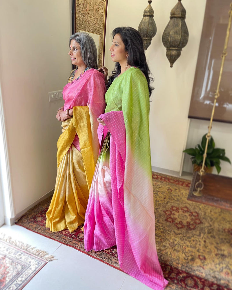 EE-W07818 Tussar Yellow Pink saree