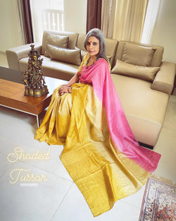 EE-W07818 Tussar Yellow Pink saree