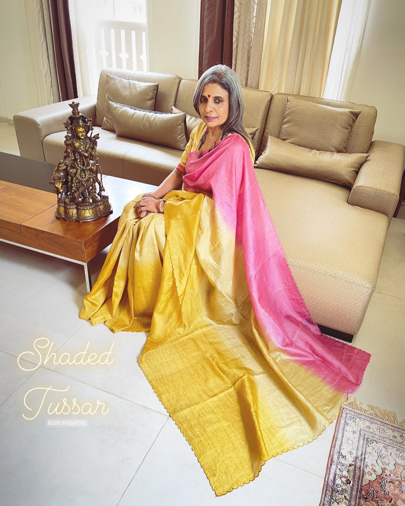 EE-W07818 Tussar Yellow Pink saree