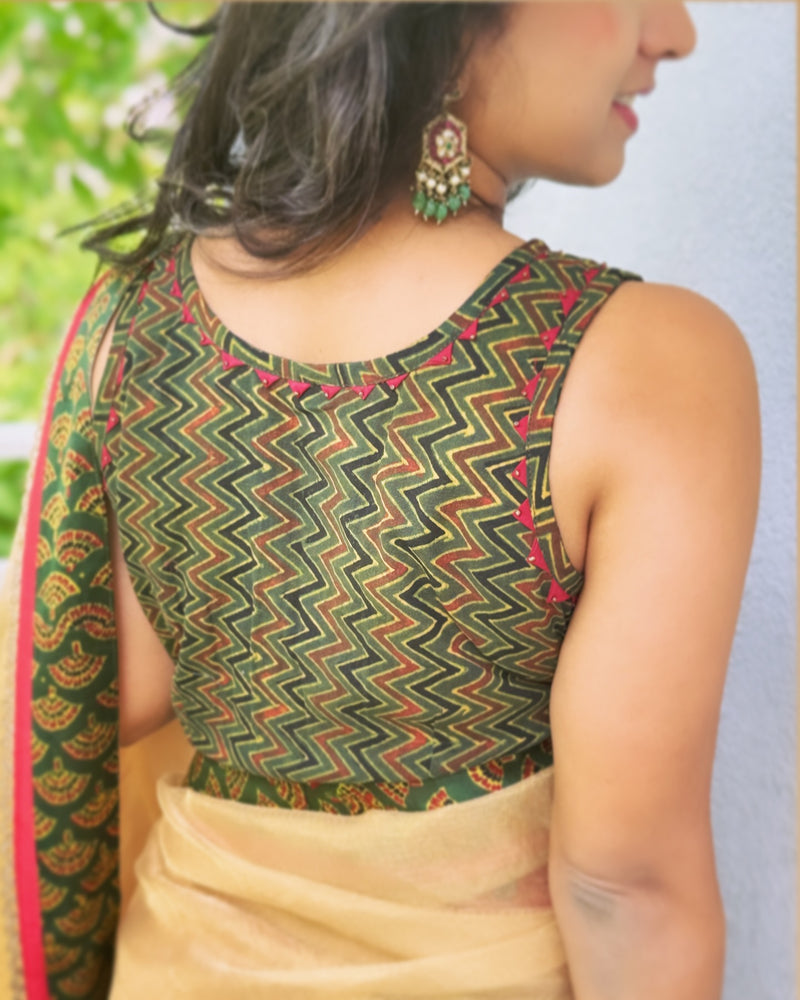 BL-V04653 Green Ajrak Blouse