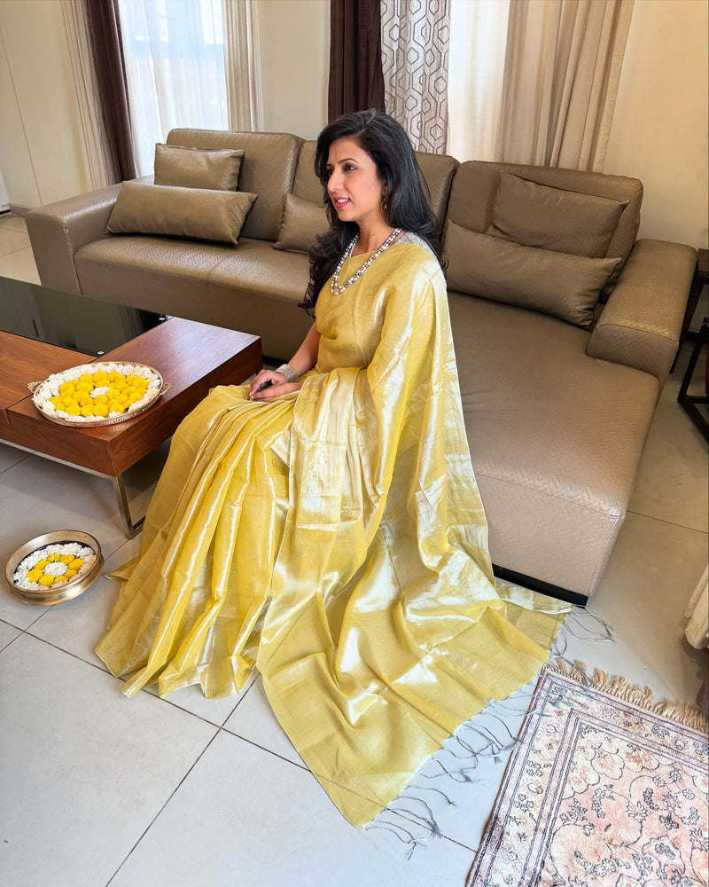 EE-X15955 Yellow Tissue Cotton Sari