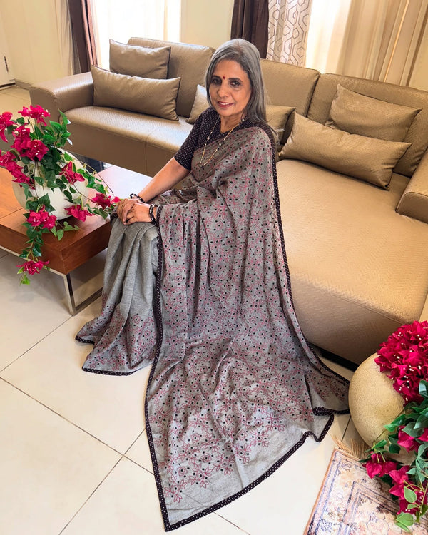 EE-V00341 Grey Kantha cotton Sari
