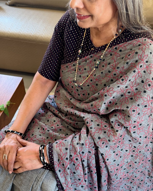 EE-V00341 Grey Kantha cotton Sari