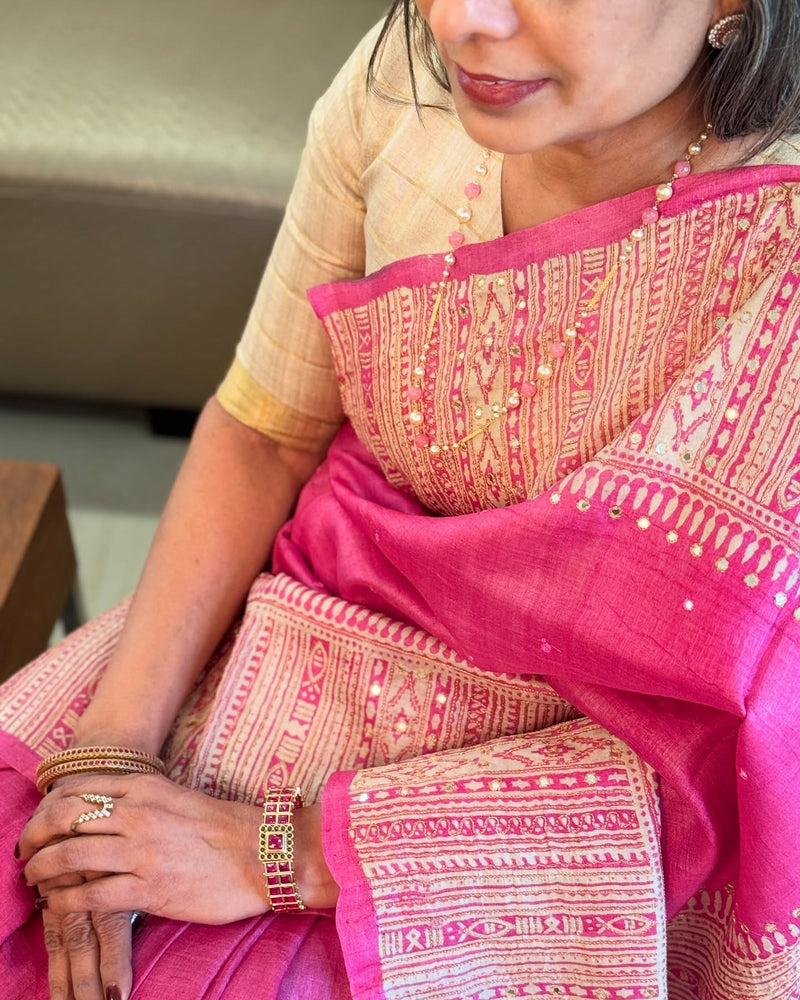 EE-X06585 Pink Tussar Sari