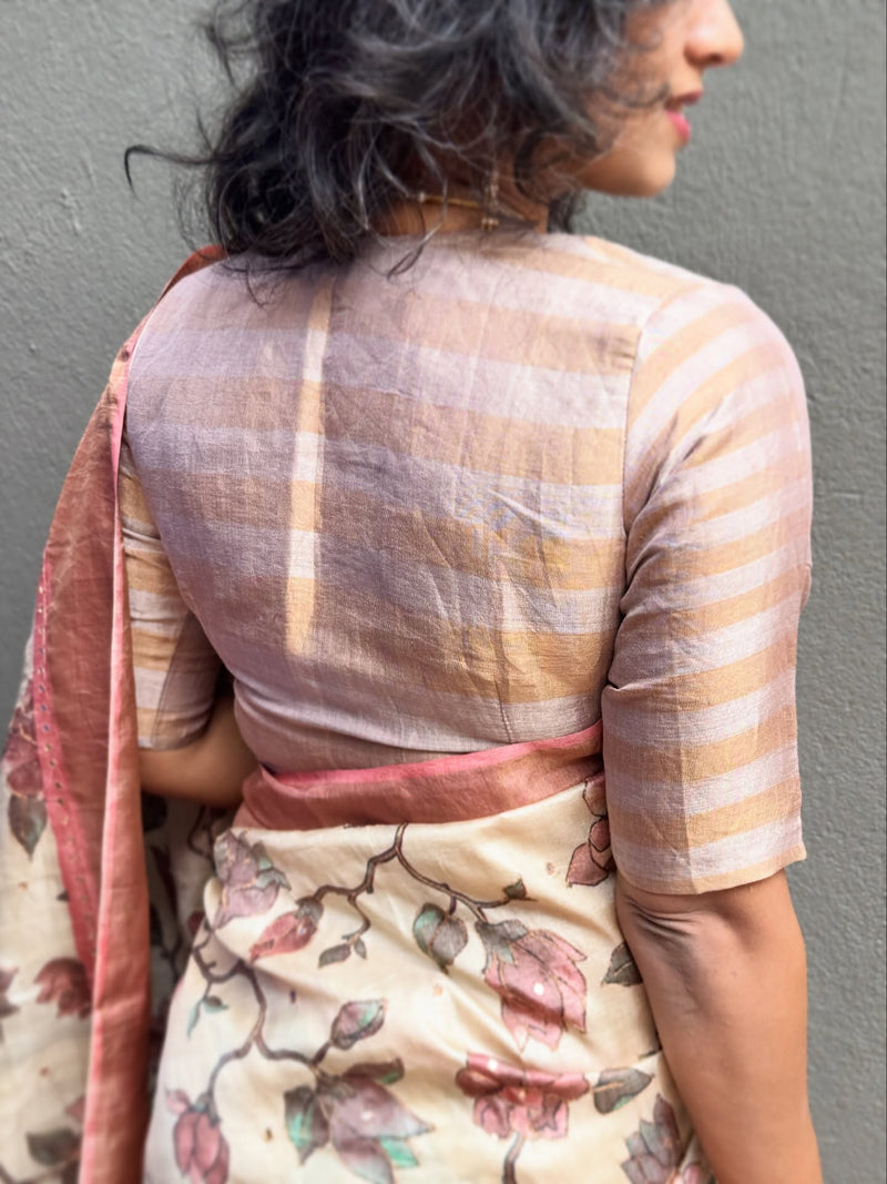 EE-Y09942 Peach Floral Tussar Sari