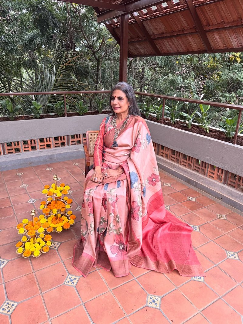 EE-Y09980 Peach Tussar Saree