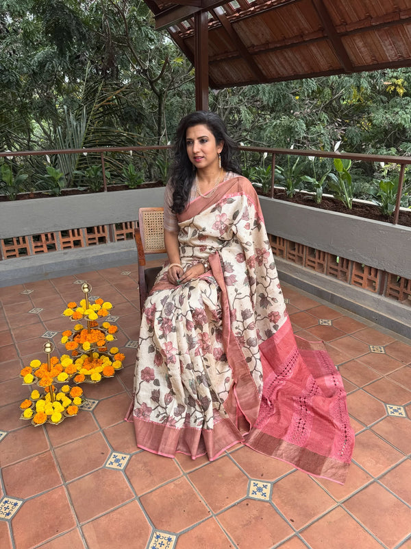 EE-Y09942 Peach Floral Tussar Sari