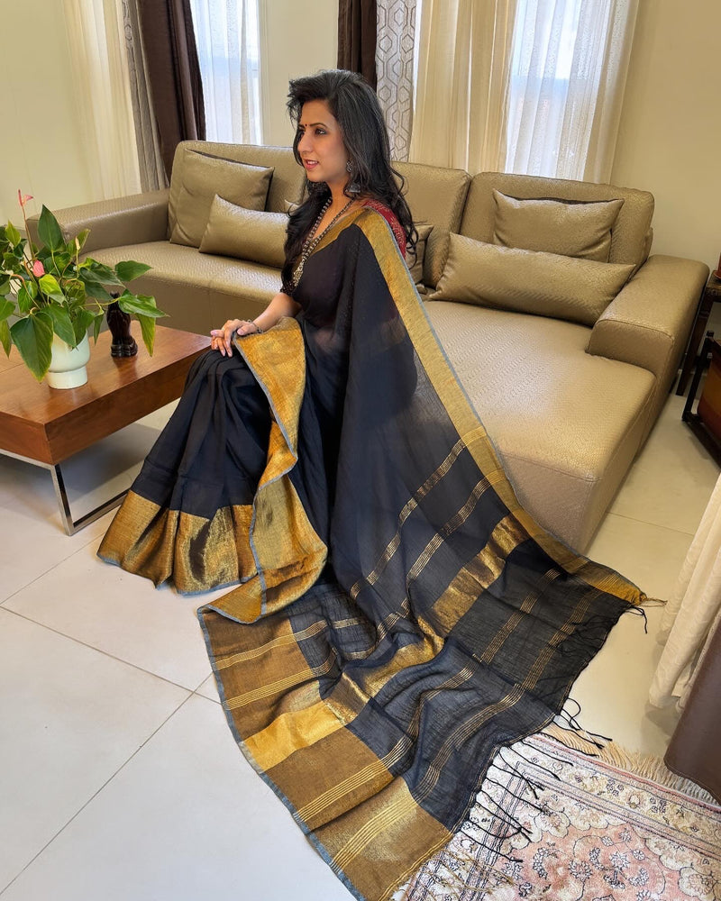 EE-W16725 Black Linen Saree