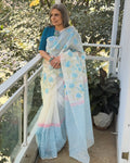 EE-W03237 White Blue Organza Sari