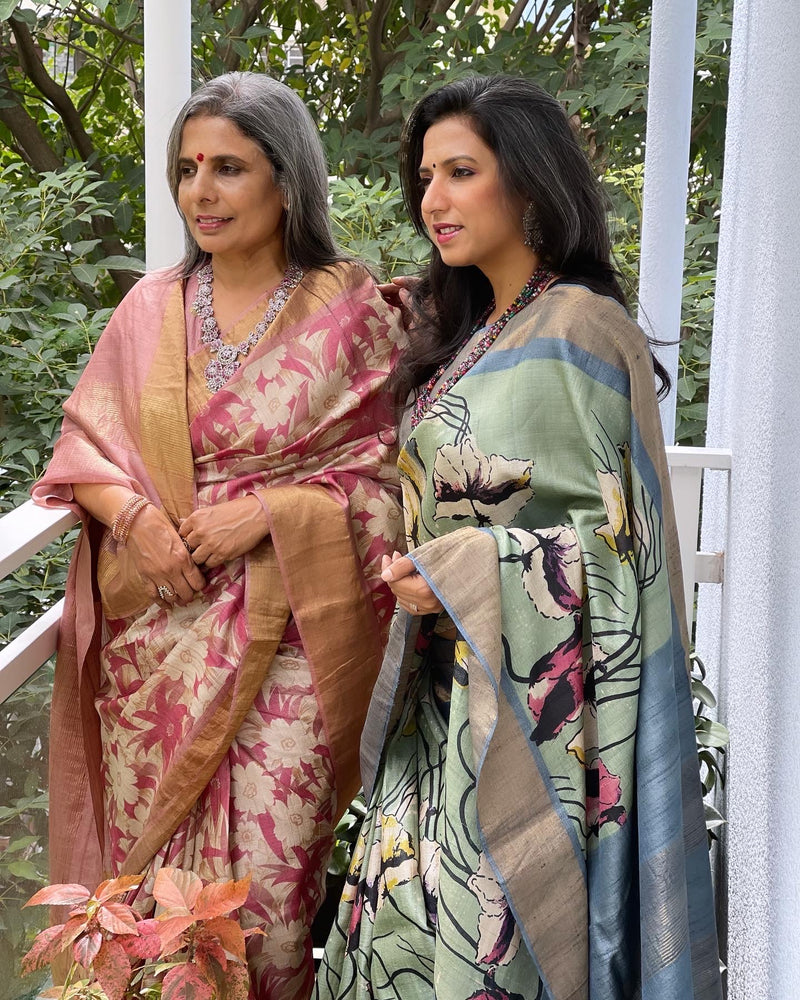 EE-W06780 Floral Pink Tussar Sari
