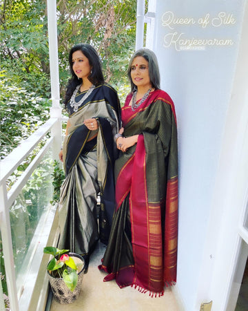 Black & Red Tussar Silk Saree - Zameeni