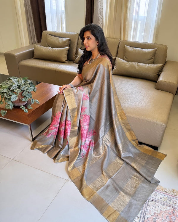 EE-V06830 Floral Grey Tussar Sari