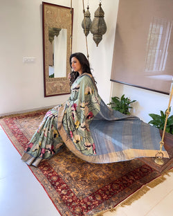 EE-W06777 Floral Green Tussar Sari
