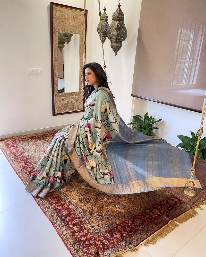 EE-W06777 Floral Green Tussar Sari