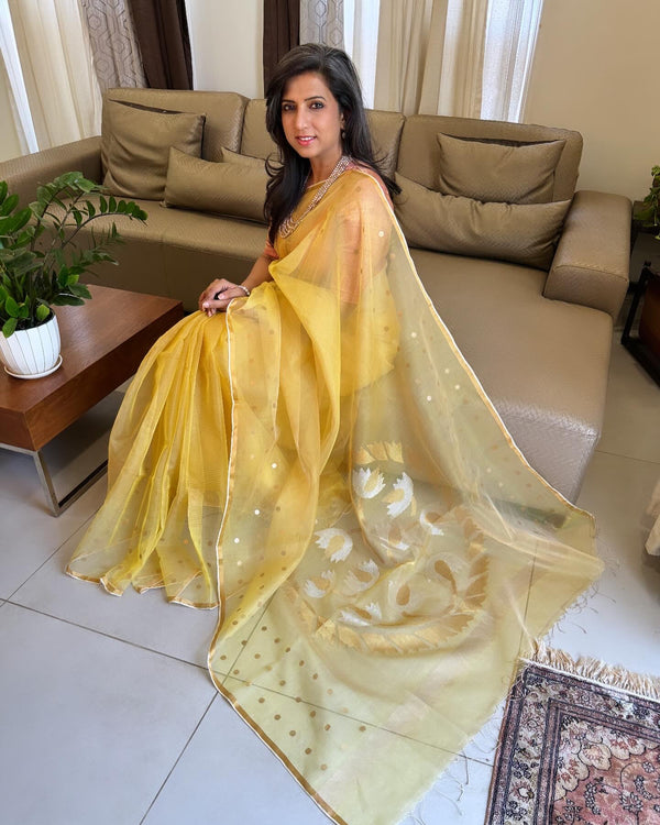 EE-W18950 Yellow woven Sequin Saree