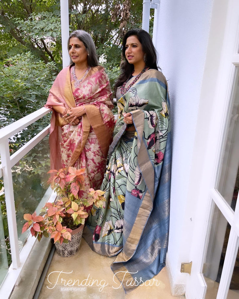 EE-W06780 Floral Pink Tussar Sari