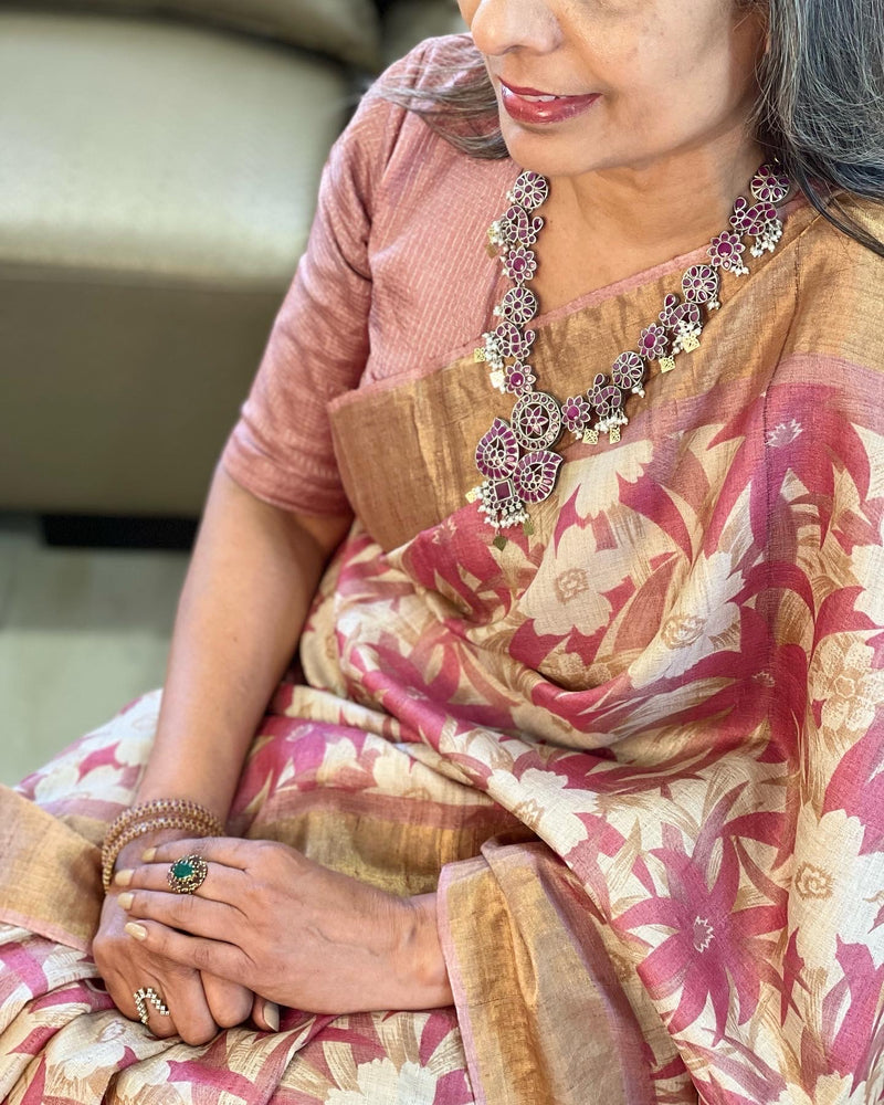 EE-W06780 Floral Pink Tussar Sari