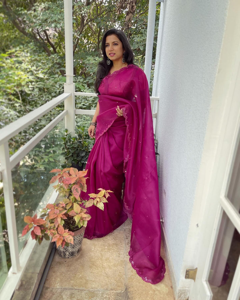 EE-W08527 Magenta Organza Sari