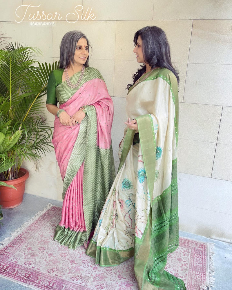 EE-W01425 Cream floral Tussar Sari