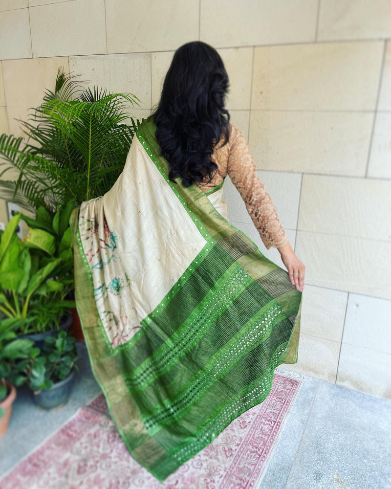 EE-W01425 Cream floral Tussar Sari