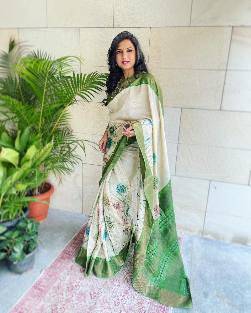 EE-W01425 Cream floral Tussar Sari
